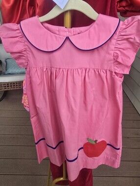 Hot Pink Dress with Navy Trim and Apple Detail Beaufort Bonnet 4t TBBC